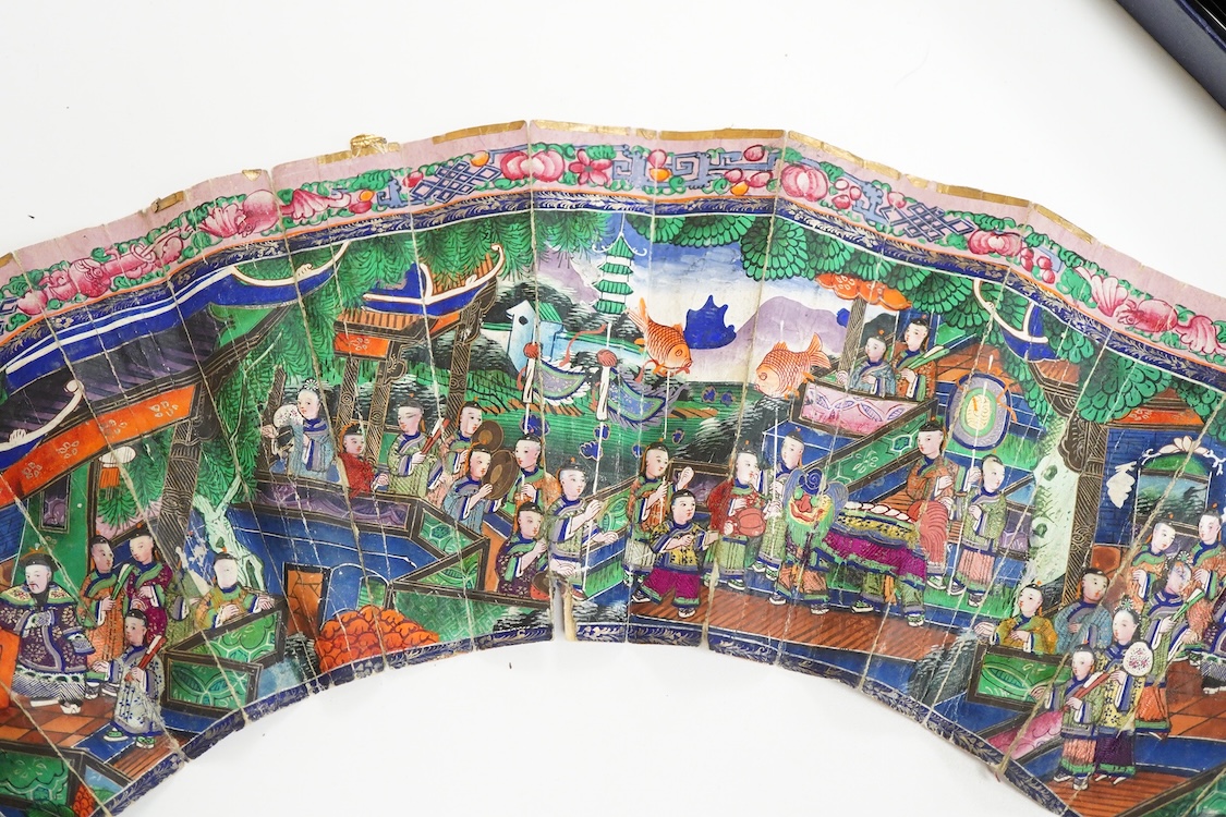 An unusual 19th century Chinese export gilt-decorated tortoiseshell and painted leaf fan, two English fans decorated with paper printed paper crests and a single sided Canton fan leaf lacking sticks, largest 23cm in leng
